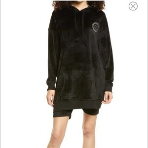 BP Black Rhinestone Smile  Face drawstring hoodie velour Sweatshirt dress XS